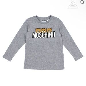Moschino Kids Gray Long Sleeve Tee with Bear Design. Unisex